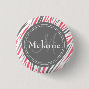 Monogrammed Pink & Grey Zebra Pattern 3 Cm Round Badge
