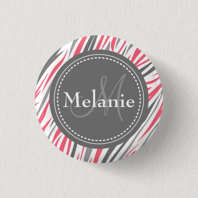 Monogrammed Pink & Grey Zebra Pattern 3 Cm Round Badge (Front)