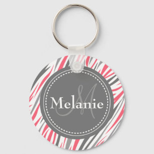 Monogrammed Pink & Grey Zebra Pattern Key Ring