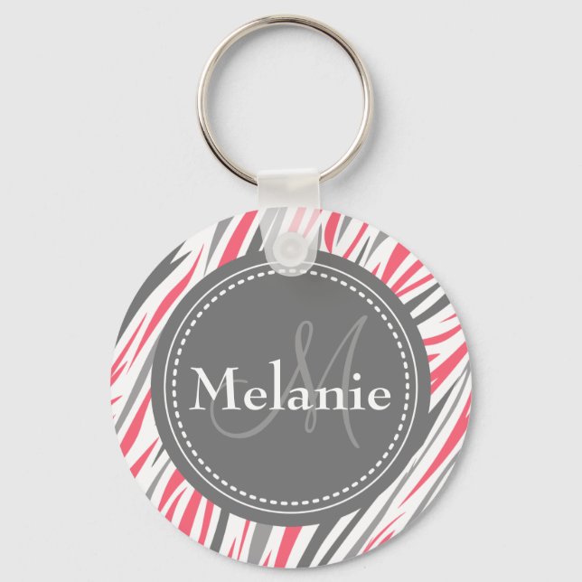 Monogrammed Pink & Grey Zebra Pattern Key Ring (Front)