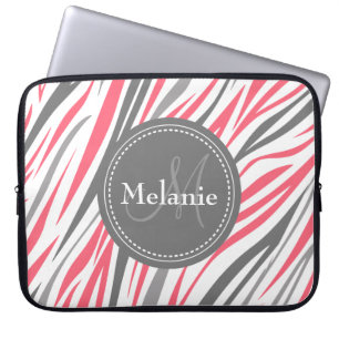 Monogrammed Pink & Grey Zebra Pattern Laptop Sleeve