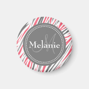 Monogrammed Pink & Grey Zebra Pattern Magnet