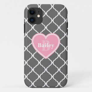 Monogrammed Pink Heart Grey Moroccan Lattice iPhone 11 Case