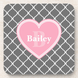 Monogrammed Pink Heart Grey Moroccan Lattice Coaster