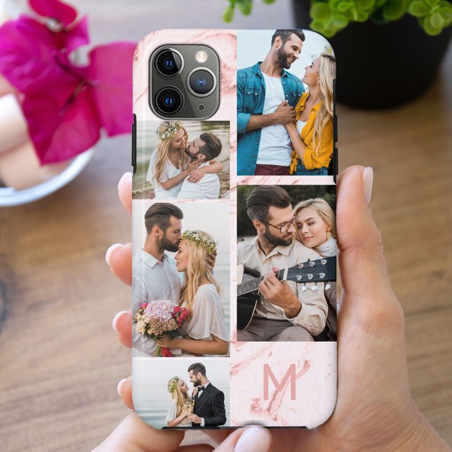 Monogrammed Pink Marble 5 Photo Collage Case-Mate iPhone Case (Creator Uploaded)