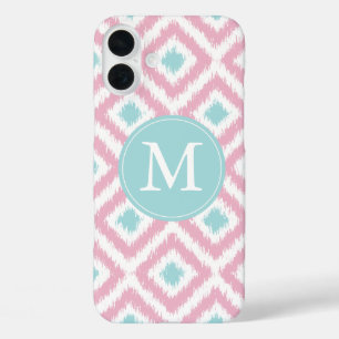 Monogrammed Pink Mint Diamond Ikat Pattern iPhone 16 Plus Case