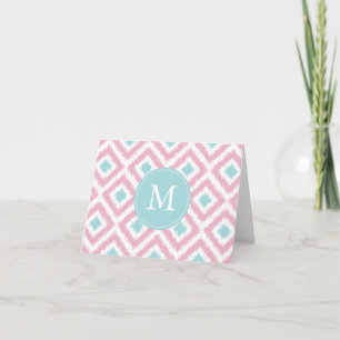 Monogrammed Pink Mint Diamonds Ikat Pattern Note Card