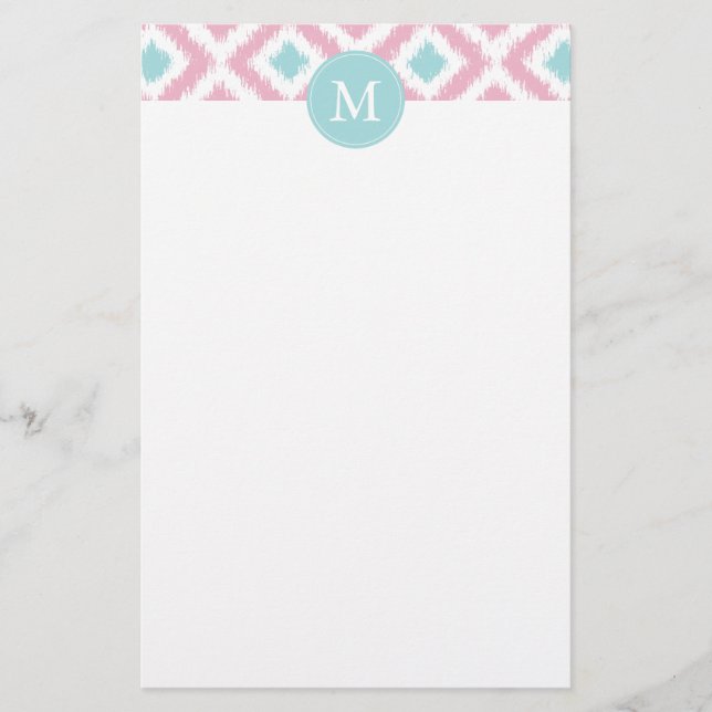 Monogrammed Pink Mint Diamonds Ikat Pattern Stationery (Front)