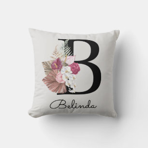 Monogrammed Pink Modern Floral Initial B Cushion