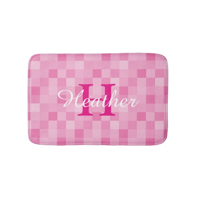 Monogrammed pink mosaic tile pattern bath mat (Front)