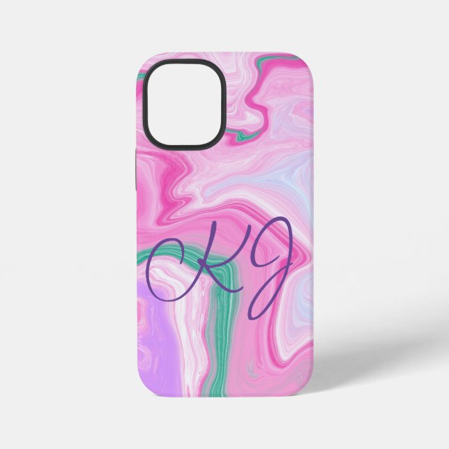 Monogrammed Pink, Purple, Mint Green Marble Art  iPhone Case (Back)
