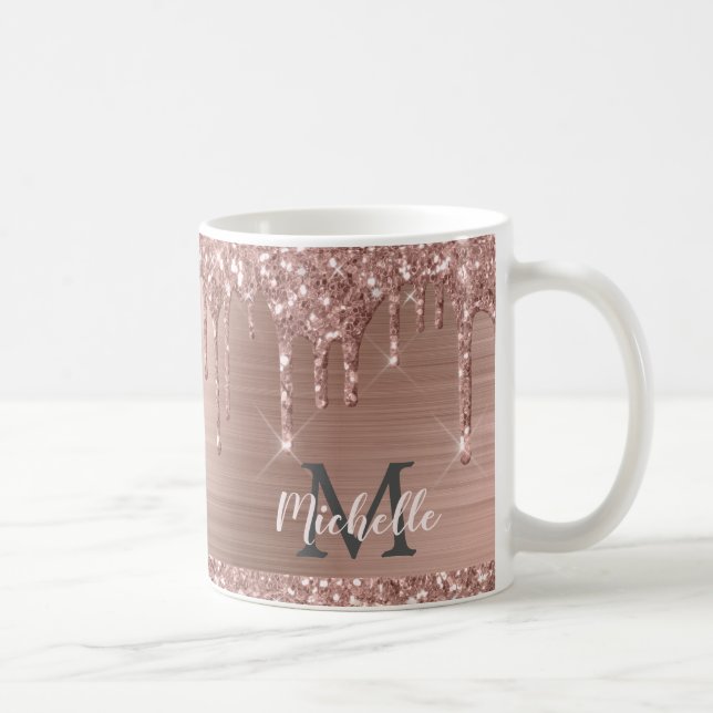 Monogrammed Pink Rose Gold Glitter Drips Coffee Mug (Right)