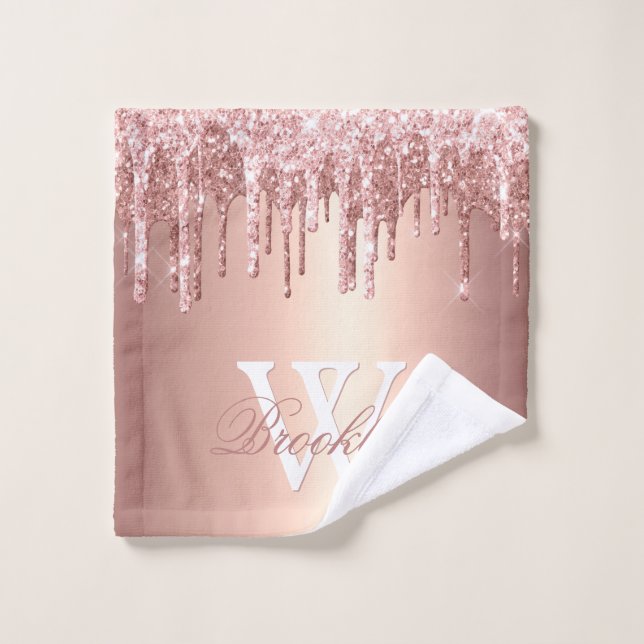 Monogrammed Pink Rose Gold Glitter Drips  Wash Cloth (Wash Cloth)