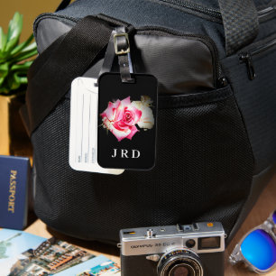 Monogrammed Pink Rose on Black Luggage Tag