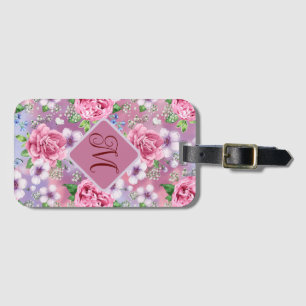 Monogrammed Pink Roses Luggage Tag