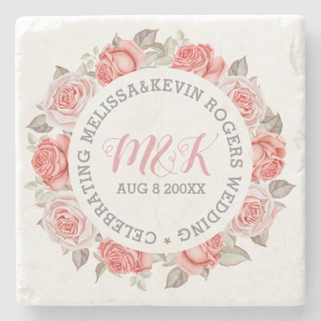 Monogrammed Pink Roses Wreath Wedding Template Stone Coaster (Front)