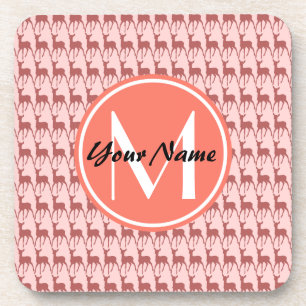Monogrammed Pink Salmon Deer, Personalized Name Coaster