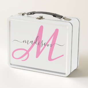 Monogrammed Pink Script Girl's Metal Lunch Box
