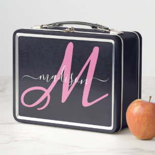 Monogrammed Pink Script Girl's Metal Lunch Box