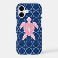 Monogrammed Pink Sea Turtle Blue Quatrefoil