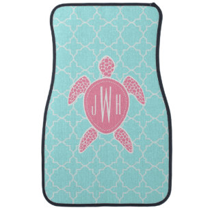 Monogrammed Pink Sea Turtle + Blue Quatrefoil Car Mat