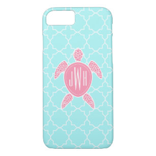 Monogrammed Pink Sea Turtle + Blue Quatrefoil iPhone 8/7 Case
