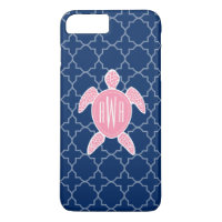 Monogrammed Pink Sea Turtle Blue Quatrefoil