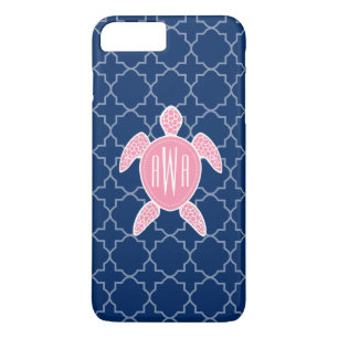Monogrammed Pink Sea Turtle Blue Quatrefoil iPhone 8 Plus/7 Plus Case