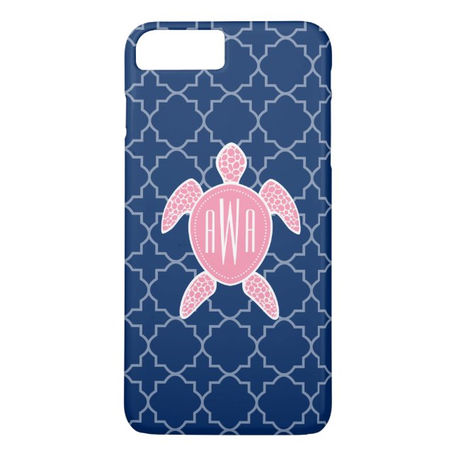 Monogrammed Pink Sea Turtle Blue Quatrefoil Case-Mate iPhone Case (Back)