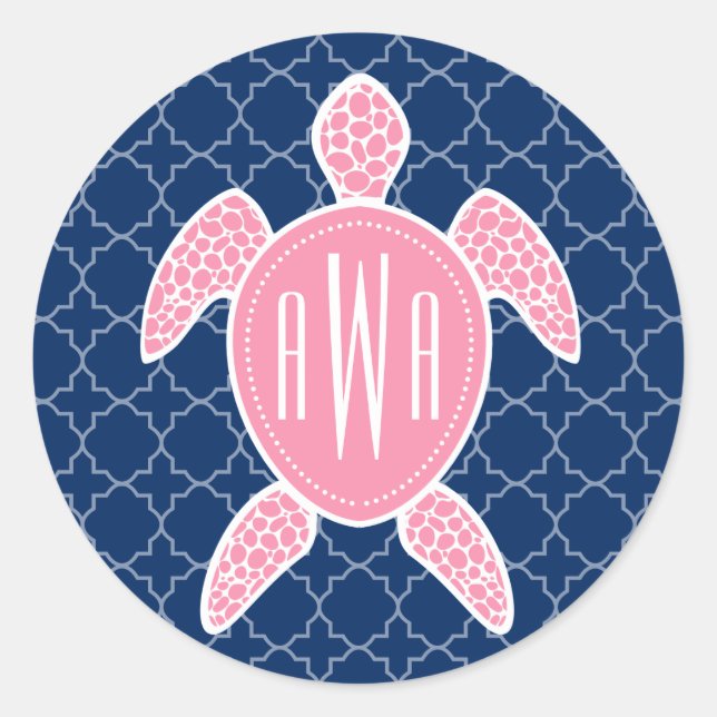 Monogrammed Pink Sea Turtle Blue Quatrefoil Classic Round Sticker (Front)