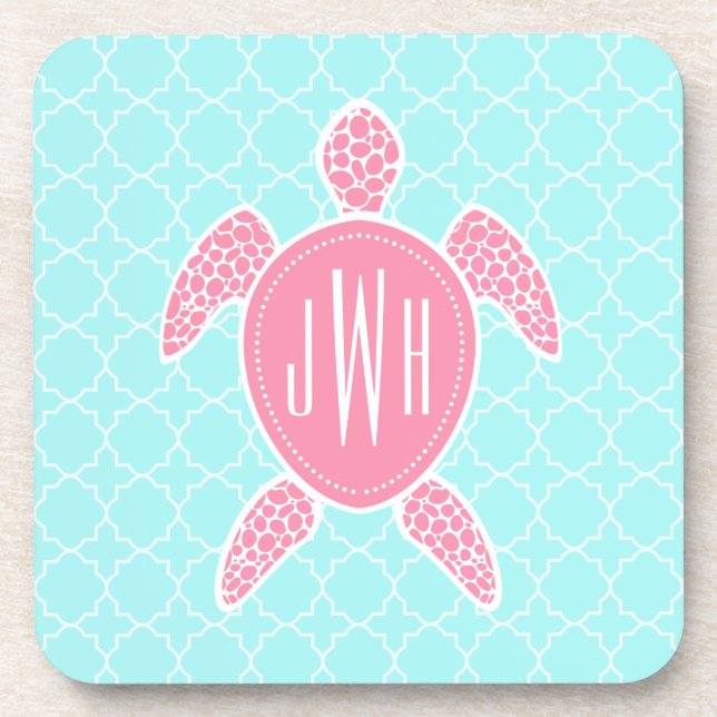 Monogrammed Pink Sea Turtle + Blue Quatrefoil Coaster (Front)