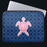 Monogrammed Pink Sea Turtle Blue Quatrefoil Laptop Sleeve<br><div class="desc">A gift featuring an illustration of a pink sea turtle.  Personalise with your monogram on turtle's shell.  Background is navy blue quatrefoil pattern.</div>