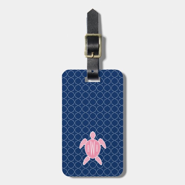 Monogrammed Pink Sea Turtle Blue Quatrefoil Luggage Tag (Front Vertical)