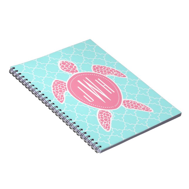 Monogrammed Pink Sea Turtle + Blue Quatrefoil Notebook (Right Side)