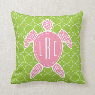 Monogrammed Pink Sea Turtle Green Quatrefoil Cushion