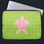 Monogrammed Pink Sea Turtle Green Quatrefoil Laptop Sleeve<br><div class="desc">A gift featuring an illustration of a pink sea turtle.  Personalise with your monogram on turtle's shell.  Background is lime green quatrefoil pattern.</div>