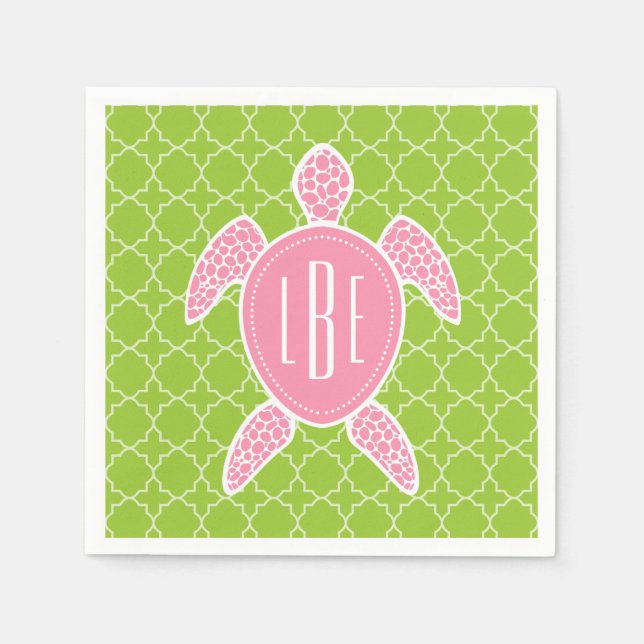 Monogrammed Pink Sea Turtle Green Quatrefoil Napkin (Front)