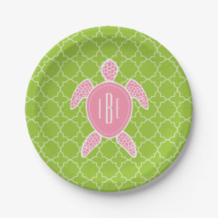 Monogrammed Pink Sea Turtle Green Quatrefoil Paper Plate