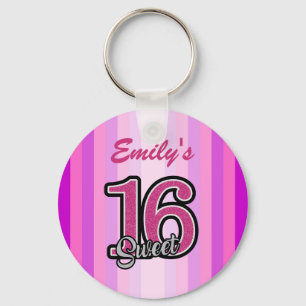 Monogrammed Pink Stripes And Glitter Key Ring
