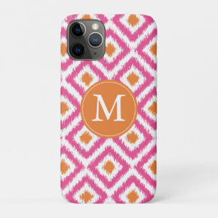 Monogrammed Pink Tangerine Diamond Ikat Pattern iPhone 11 Pro Case
