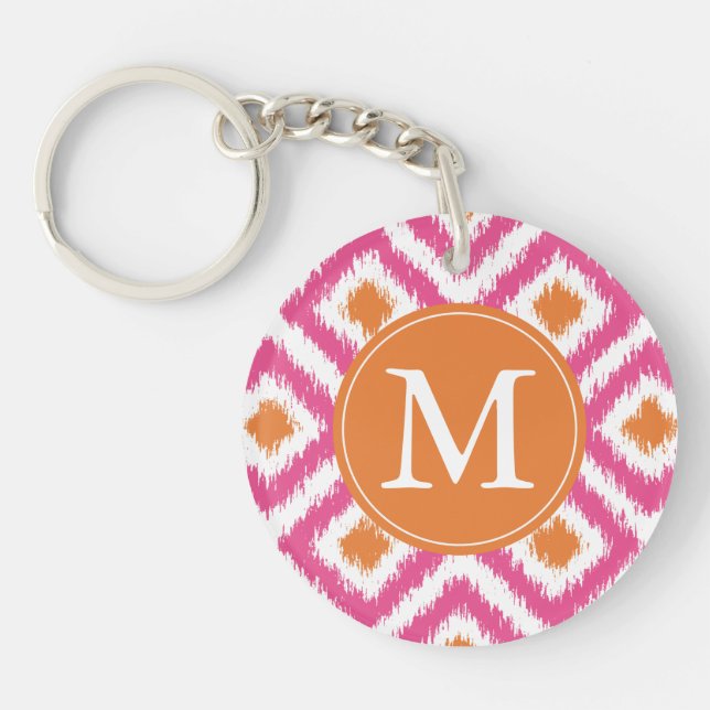 Monogrammed Pink Tangerine Diamond Ikat Pattern Key Ring (Front)