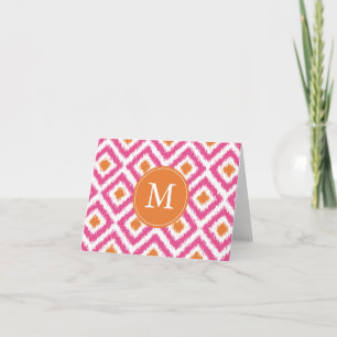 Monogrammed Pink Tangerine Diamonds Ikat Pattern Note Card