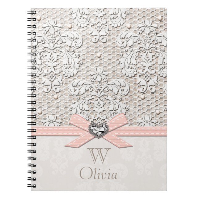Monogrammed Pink Vintage Lace and Pearls Notebook (Front)