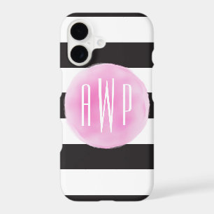 Monogrammed Pink Watercolor Black + White Stripes