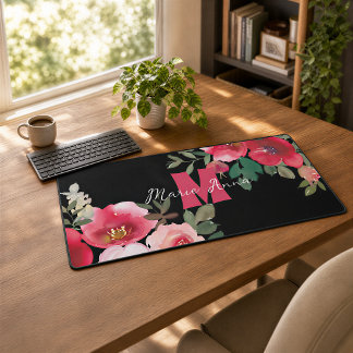 Monogrammed Pink Watercolor Desk Mat Gift for Her
