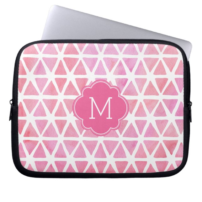 Monogrammed Pink Watercolor Geometric Pattern Laptop Sleeve (Front)