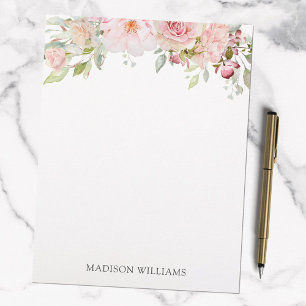 Monogrammed Pink Watercolor Rose Flower Elegant Custom Letterhead