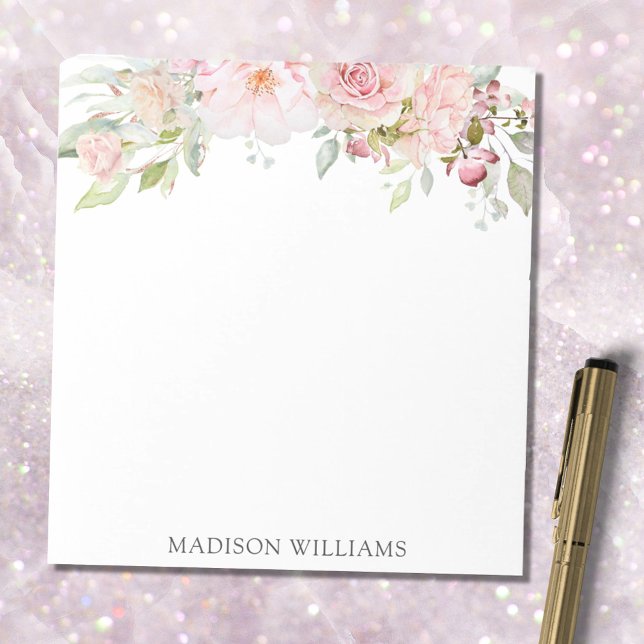 Monogrammed Pink Watercolor Rose Flower Elegant Notepad (In situ)