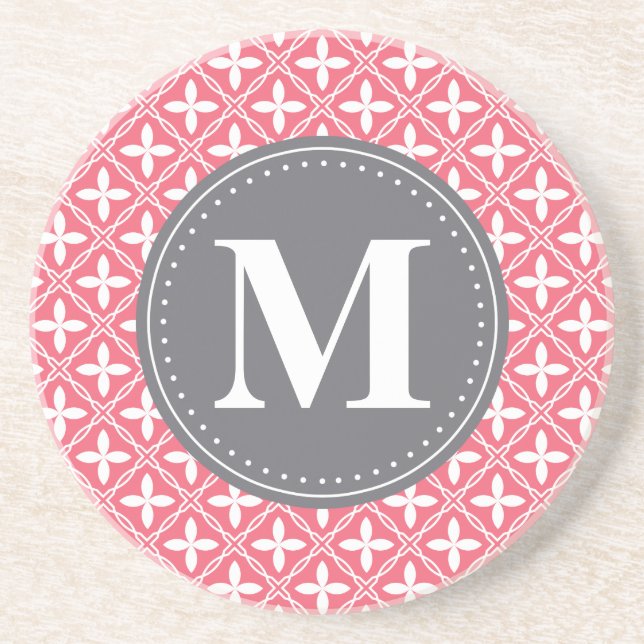 Monogrammed Pink White Floral Lattice Pattern Coaster (Front)