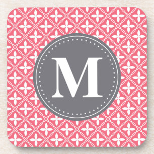 Monogrammed Pink White Floral Lattice Pattern Coaster